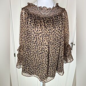 CeCe Womens Smocked Ruffle Sleeve Leopard Print Blouse S Brown Black Sheer Lined